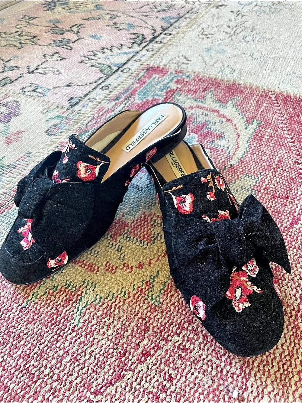 Karl Lagerfeld Floral Bow Mules in Black & Pink